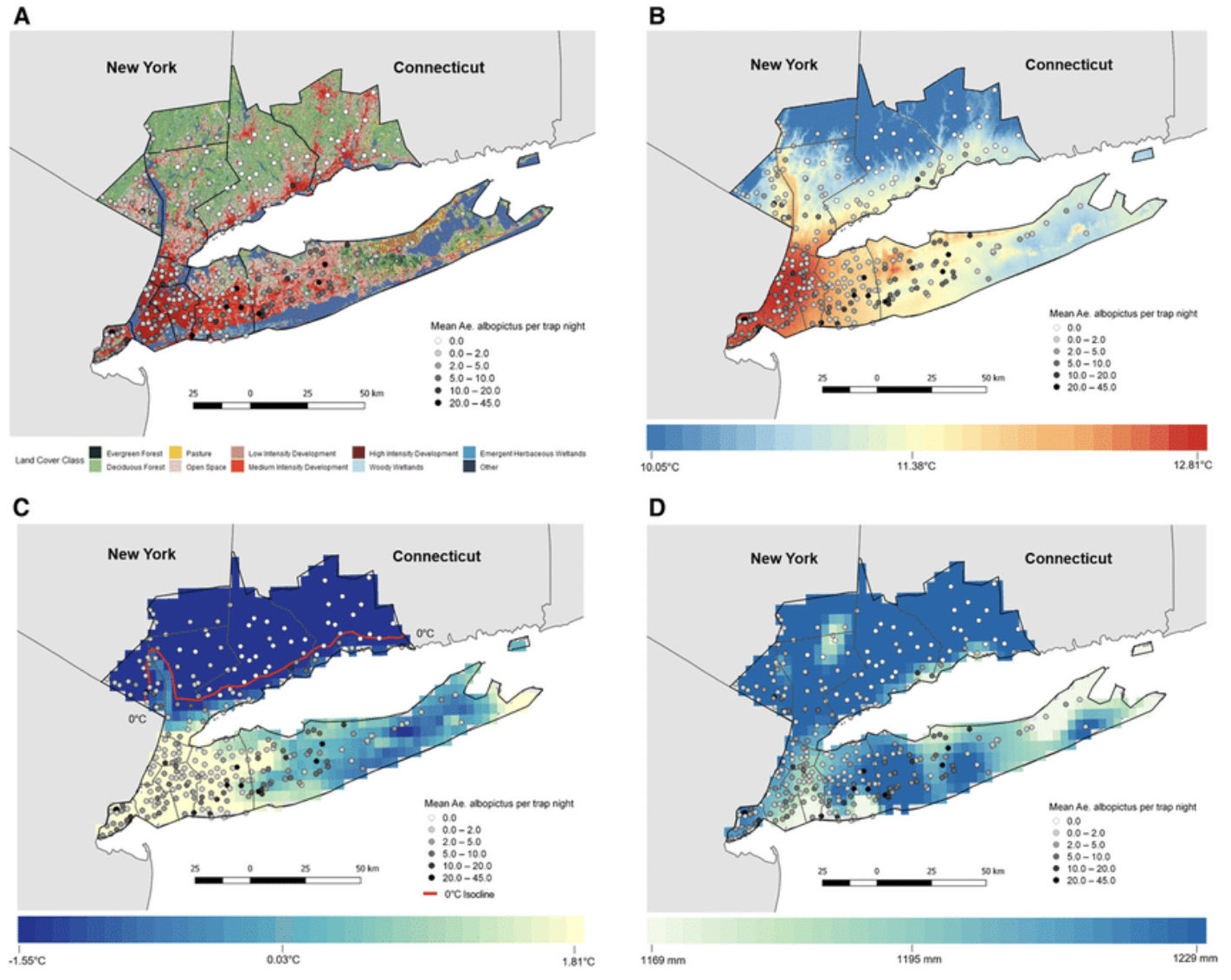 Land cover and climate across the study region, New York state and Connecticut (CT), United States. (A) Land cover classification across the study region. 