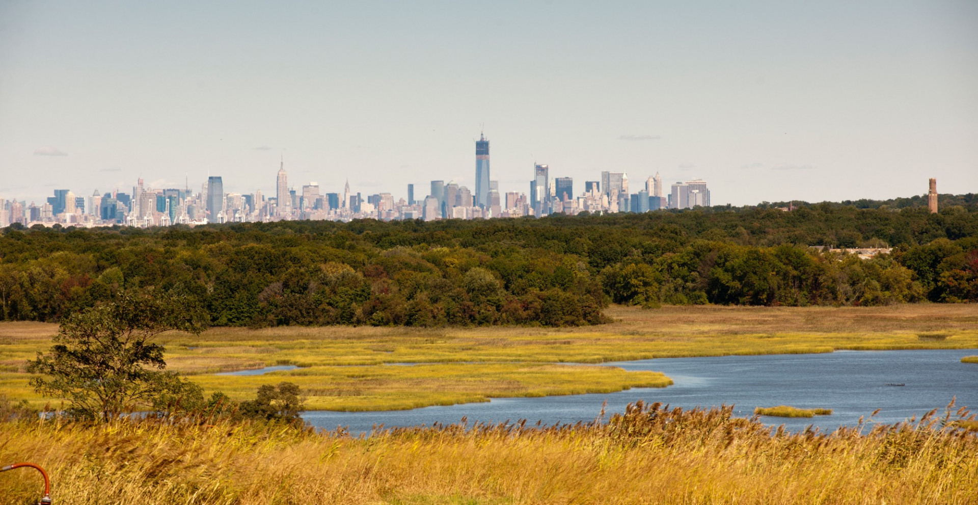 Manhattan skyline view from Freshkills park on Staten Island, NY