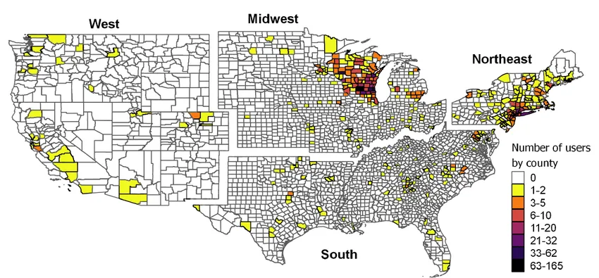 Number of users per county and per region for the United States by the major census regions in the United States.